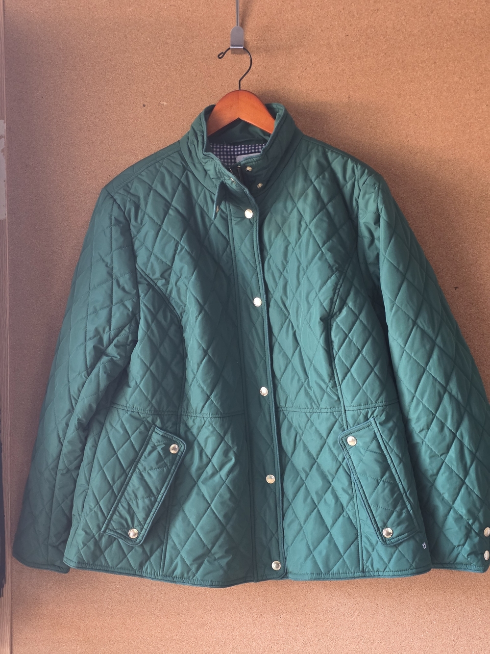 Crown & Ivy Hunter Green Diamond Quilted Preppy Barn Jacket Plus 1X Gingham